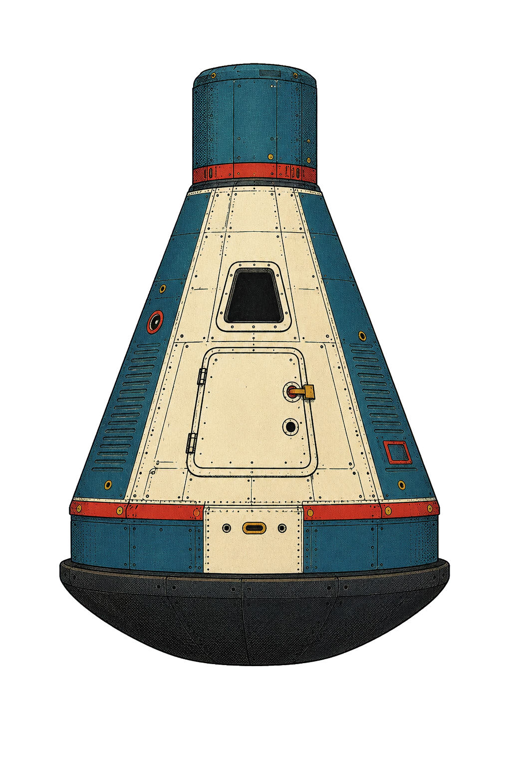 Period illustrated Mercury spacecraft capsule in orbital configuration